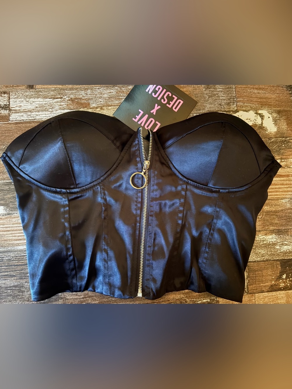 Love By Design Black Satin Bustier Crop Top with Front Zip
